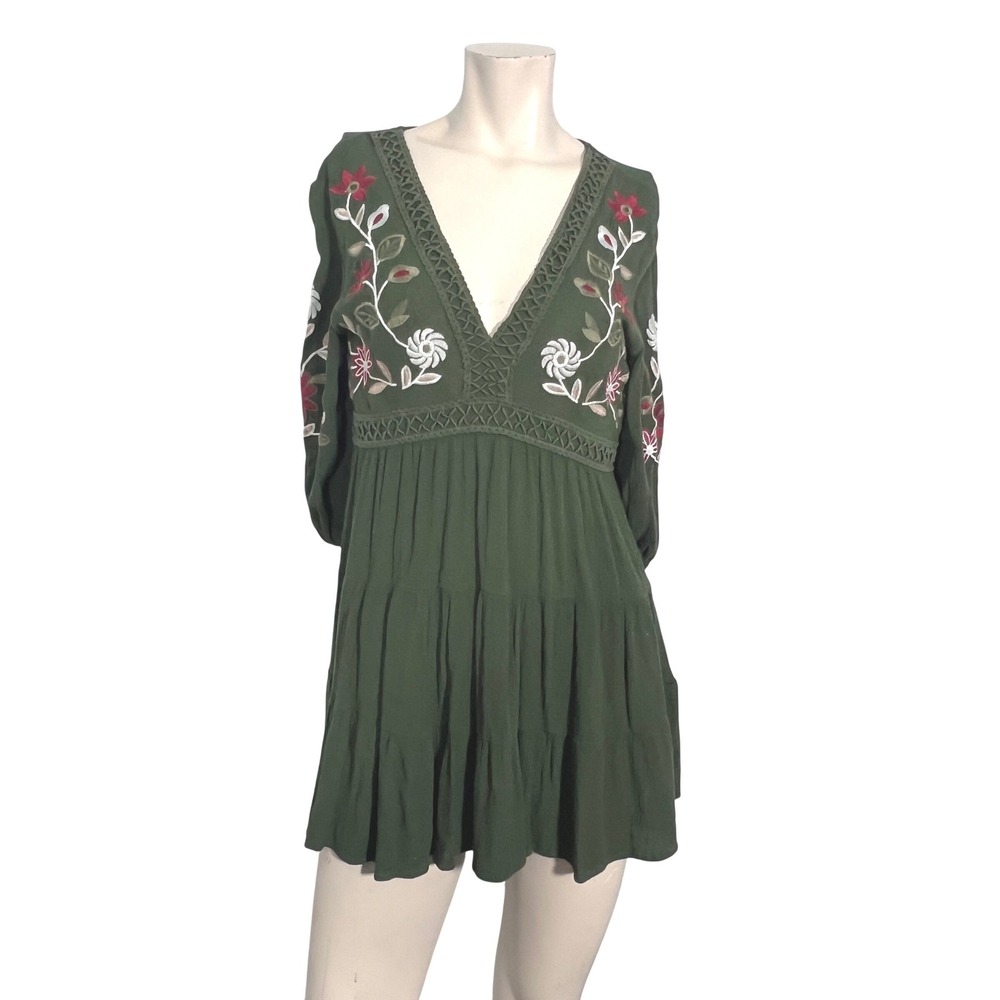 Mi Ami Dress Women Small Green Floral Embroidered Boho Mini Tiered Peasant Flowy - Picture 10 of 10